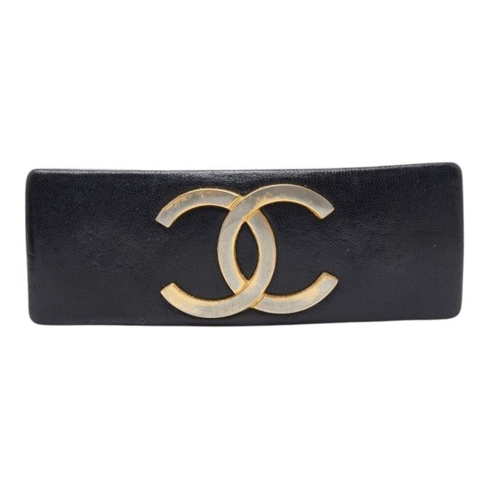 Chanel CC Logo Barrette Leather Plating Hair Accessory Black